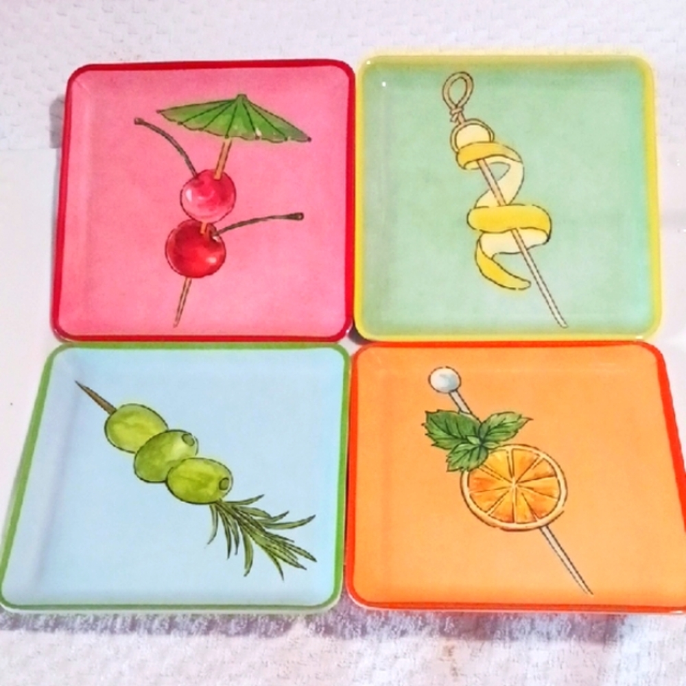 C &  C California Melamine Cocktail Design Appetizer Plates Set Of 4 🍒🍋🍊🫒
